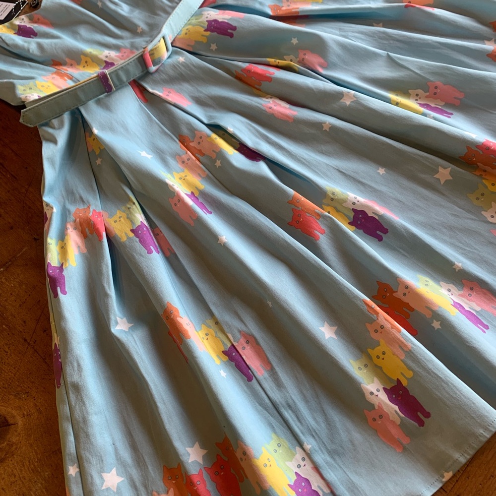 Light Blue Cat Print Fit-and-Flare Dress - Picture 10 of 16